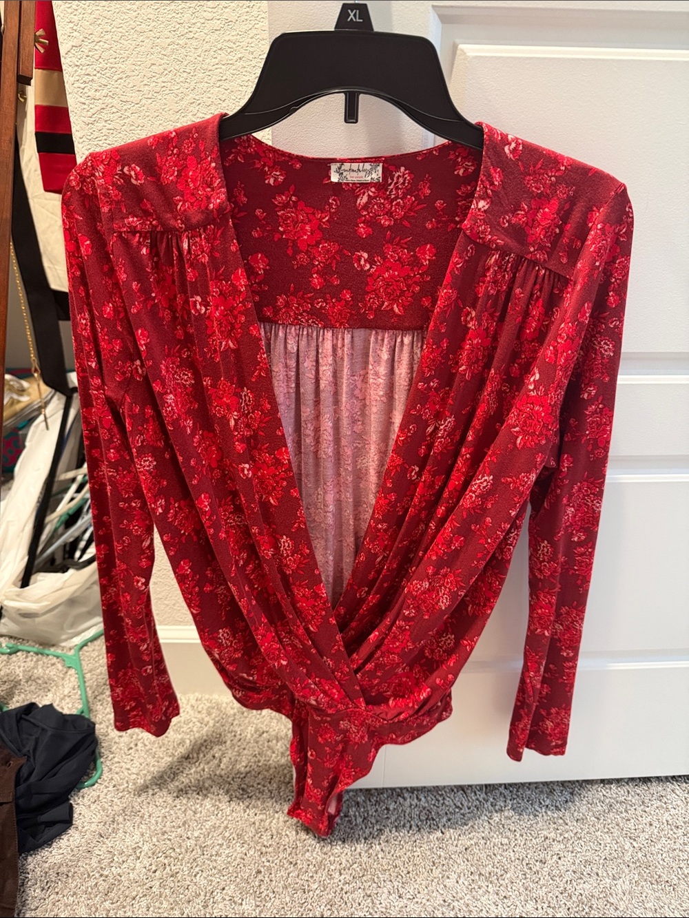 Free People Red Floral Wrap Bodysuit